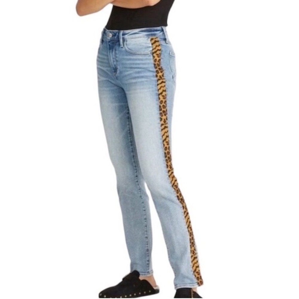 DRIFTWOOD Light Blue Straight Leg Jeans with Leopard Side Stripe